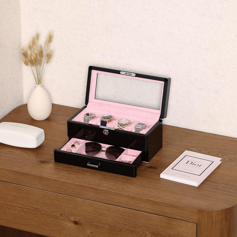 ROTHWELL 4-Slot Piano Black Watch Box with Valet Drawer - Premium Jewelry Display Case Organizer with Locking Glass Top and Microsuede Liner for Men & Women (Pink Interior) - Image 2